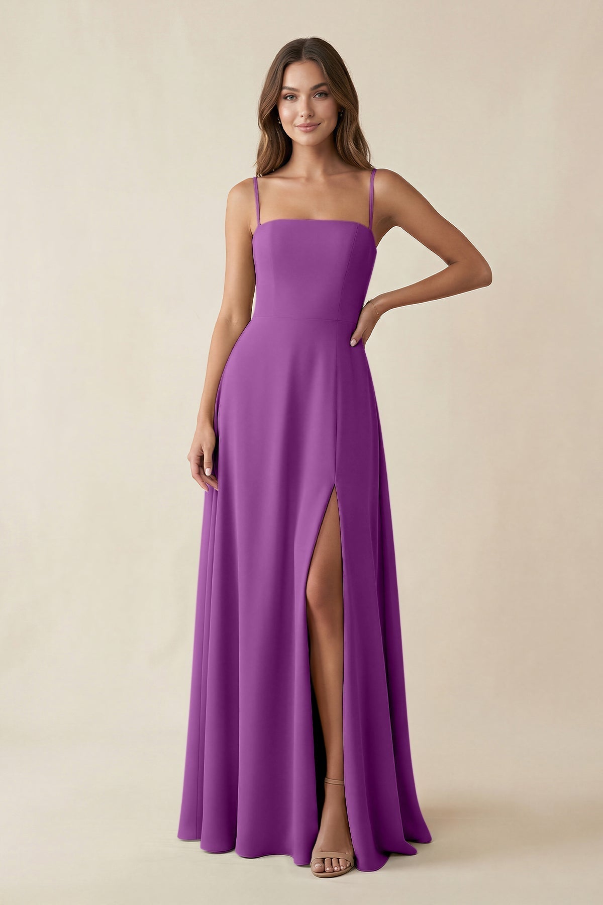 KissProm Spaghetti Strap A-Line Chiffon Maxi Bridesmaid Dress in Amethyst, Amethyst / 30