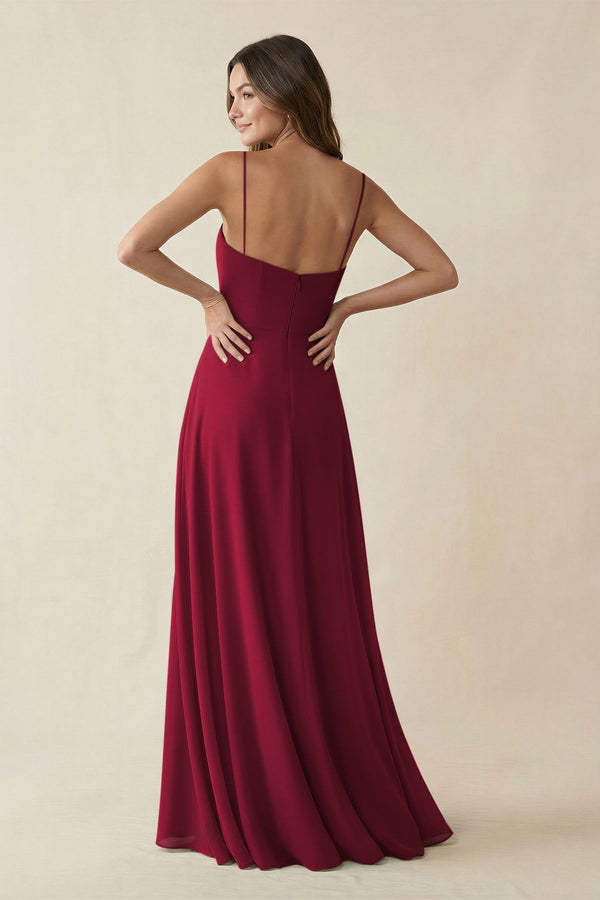 Spaghetti Strap A - Line Chiffon Maxi Bridesmaid Dress in Berry - KissProm Bridesmaid Dresses