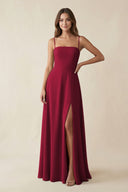 Spaghetti Strap A - Line Chiffon Maxi Bridesmaid Dress in Berry - KissProm Bridesmaid Dresses