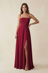 Spaghetti Strap A - Line Chiffon Maxi Bridesmaid Dress in Berry - KissProm Bridesmaid Dresses