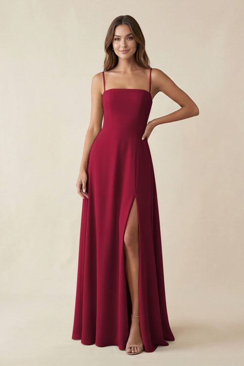 Spaghetti Strap A - Line Chiffon Maxi Bridesmaid Dress in Berry - KissProm Bridesmaid Dresses