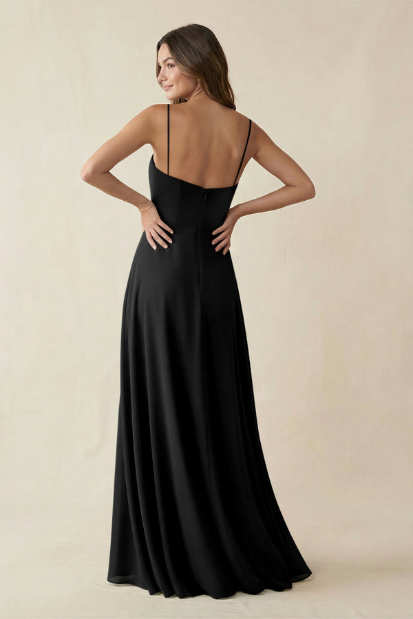Spaghetti Strap A - Line Chiffon Maxi Bridesmaid Dress in Black - KissProm Bridesmaid Dresses