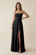 Spaghetti Strap A - Line Chiffon Maxi Bridesmaid Dress in Black - KissProm Bridesmaid Dresses
