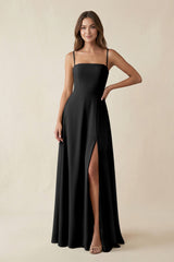 Spaghetti Strap A - Line Chiffon Maxi Bridesmaid Dress in Black - KissProm Bridesmaid Dresses