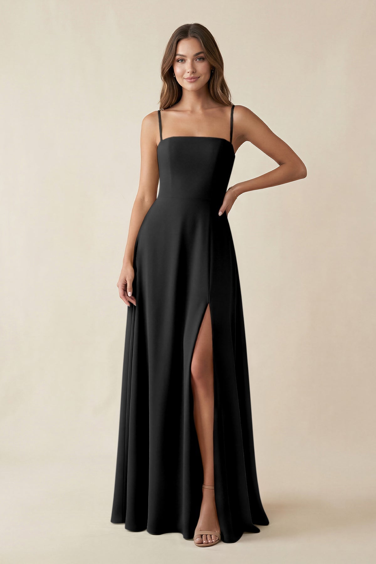 KissProm Spaghetti Strap A-Line Chiffon Maxi Bridesmaid Dress in Black, Black / 8