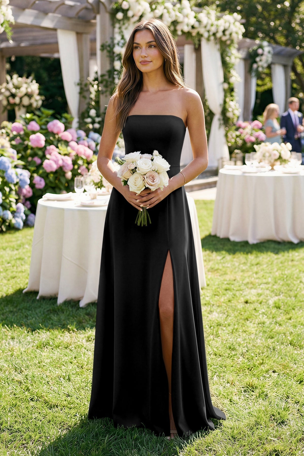 KissProm Spaghetti Strap A-Line Chiffon Maxi Bridesmaid Dress in Black, Black / 8
