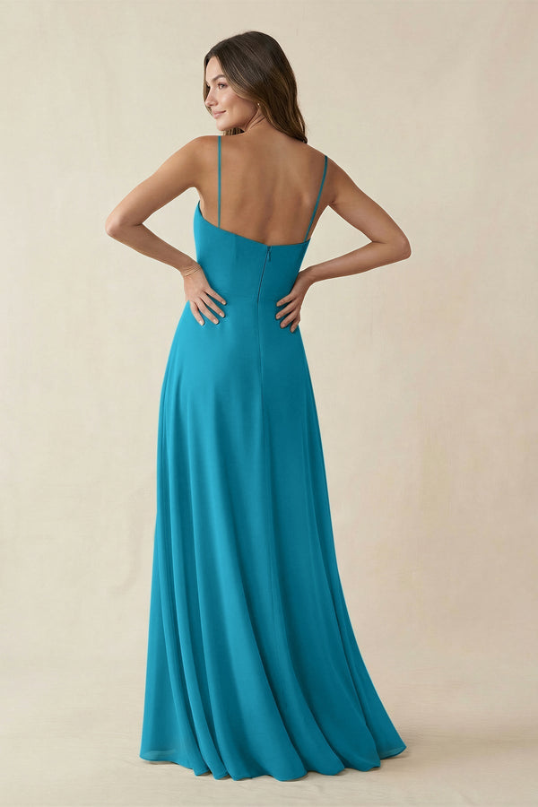 Spaghetti Strap A - Line Chiffon Maxi Bridesmaid Dress in Blue Jay - KissProm Bridesmaid Dresses
