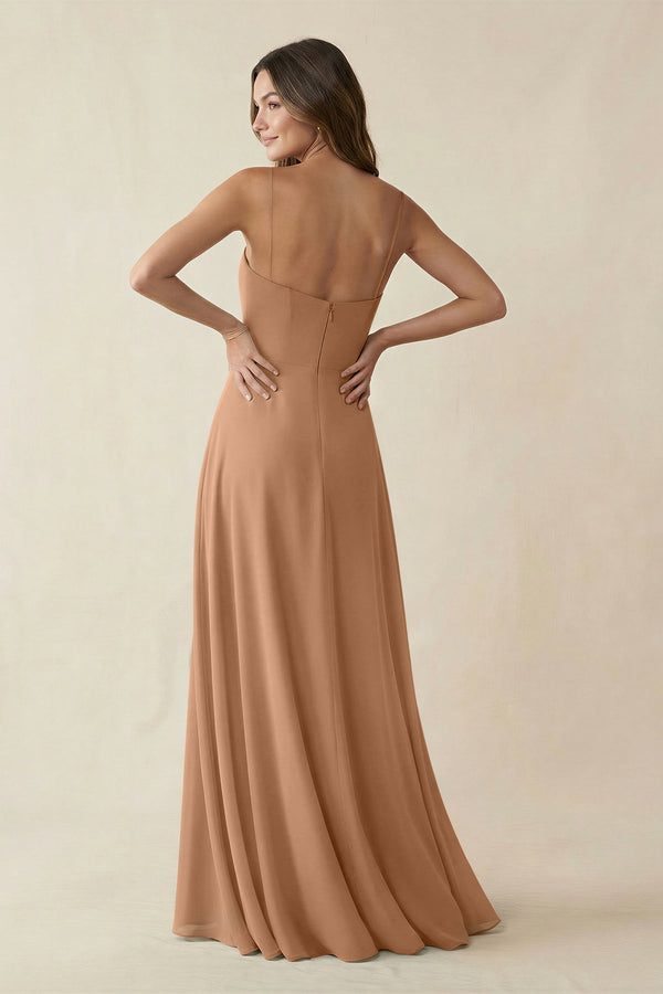 Spaghetti Strap A - Line Chiffon Maxi Bridesmaid Dress in Bronzer - KissProm Bridesmaid Dresses