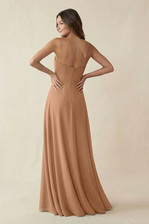 Spaghetti Strap A - Line Chiffon Maxi Bridesmaid Dress in Bronzer - KissProm Bridesmaid Dresses