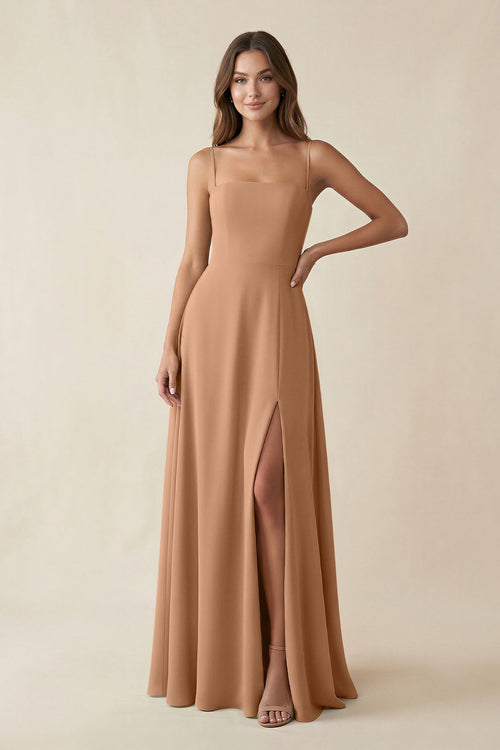 Spaghetti Strap A - Line Chiffon Maxi Bridesmaid Dress in Bronzer - KissProm Bridesmaid Dresses