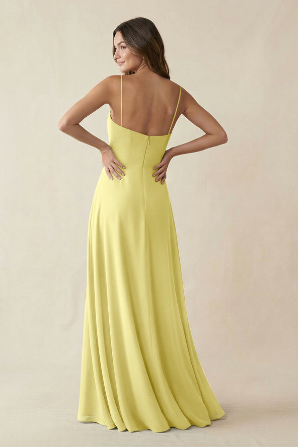 Spaghetti Strap A - Line Chiffon Maxi Bridesmaid Dress in Buttercup - KissProm Bridesmaid Dresses