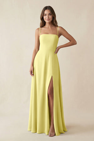 Spaghetti Strap A - Line Chiffon Maxi Bridesmaid Dress in Buttercup - KissProm Bridesmaid Dresses