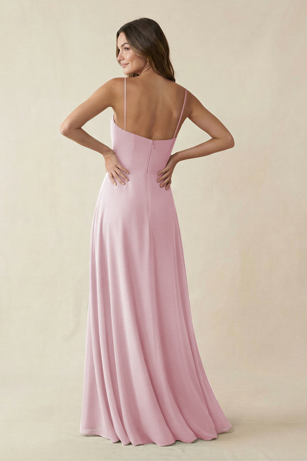 Spaghetti Strap A - Line Chiffon Maxi Bridesmaid Dress in Candy Pink - KissProm Bridesmaid Dresses