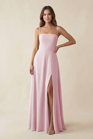 Spaghetti Strap A - Line Chiffon Maxi Bridesmaid Dress in Candy Pink - KissProm Bridesmaid Dresses