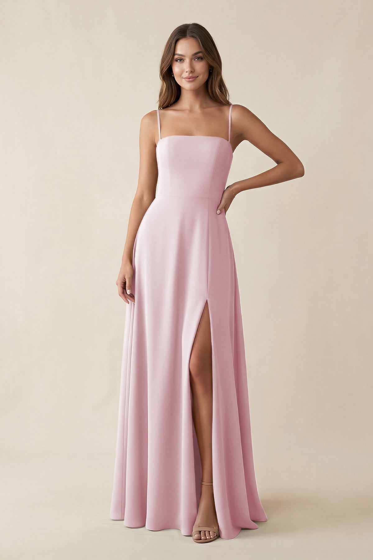 KissProm Spaghetti Strap A-Line Chiffon Maxi Bridesmaid Dress in Candy Pink, Candy Pink / 18
