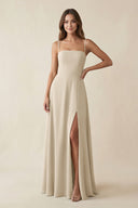 Spaghetti Strap A - Line Chiffon Maxi Bridesmaid Dress in Champagne - KissProm Bridesmaid Dresses