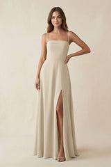 Spaghetti Strap A - Line Chiffon Maxi Bridesmaid Dress in Champagne - KissProm Bridesmaid Dresses