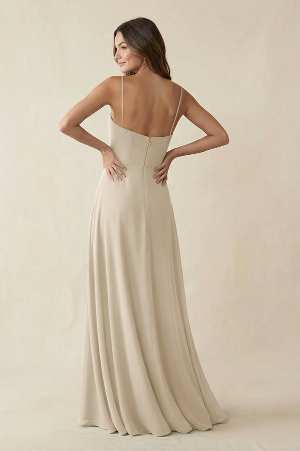 Spaghetti Strap A - Line Chiffon Maxi Bridesmaid Dress in Champagne - KissProm Bridesmaid Dresses