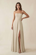 Spaghetti Strap A - Line Chiffon Maxi Bridesmaid Dress in Champagne - KissProm Bridesmaid Dresses