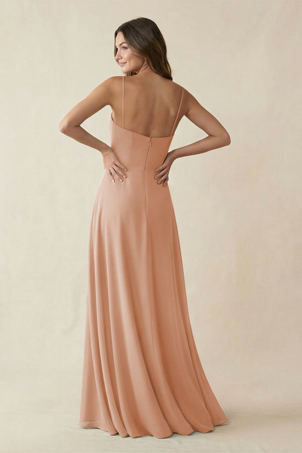 Spaghetti Strap A - Line Chiffon Maxi Bridesmaid Dress in Champagne Rose - KissProm Bridesmaid Dresses