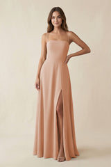 Spaghetti Strap A - Line Chiffon Maxi Bridesmaid Dress in Champagne Rose - KissProm Bridesmaid Dresses