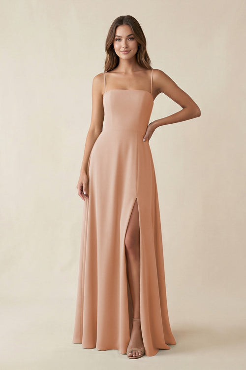 Spaghetti Strap A - Line Chiffon Maxi Bridesmaid Dress in Champagne Rose - KissProm Bridesmaid Dresses