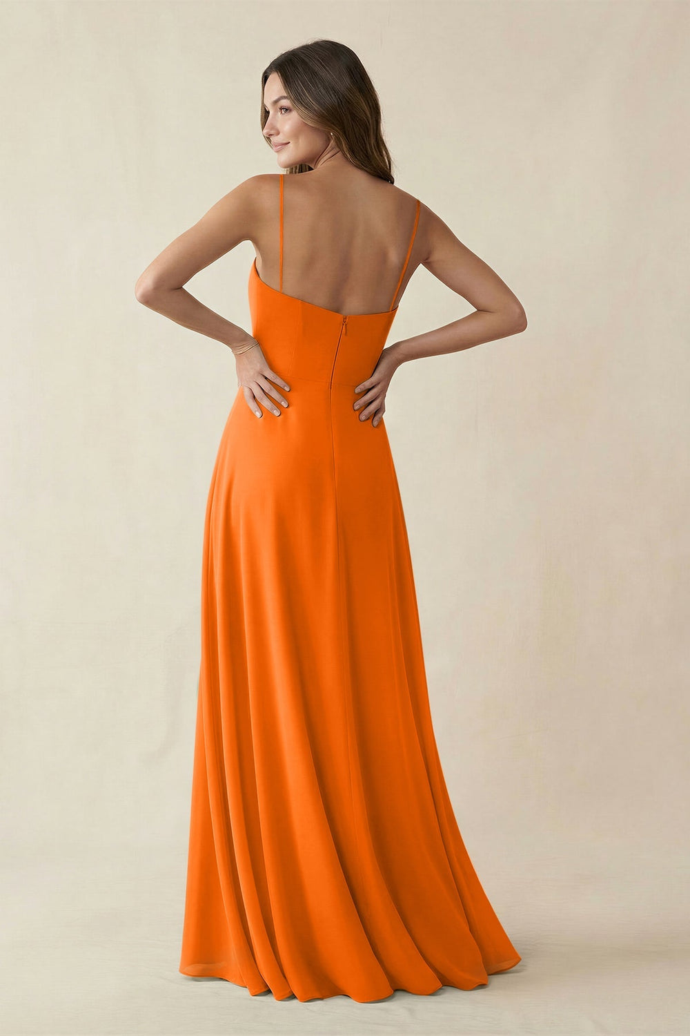 Spaghetti Strap A - Line Chiffon Maxi Bridesmaid Dress in Cinnamon - KissProm Bridesmaid Dresses