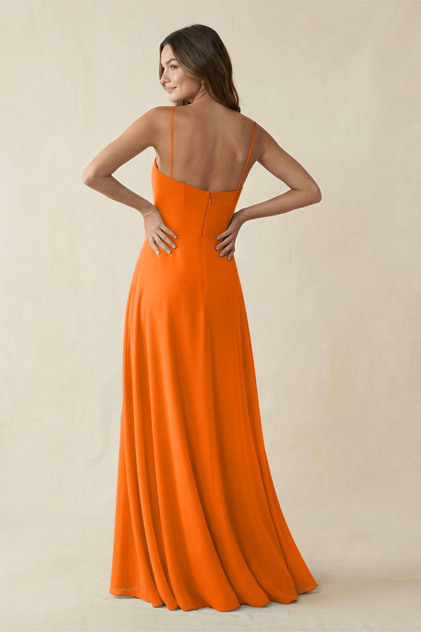 Spaghetti Strap A - Line Chiffon Maxi Bridesmaid Dress in Cinnamon - KissProm Bridesmaid Dresses