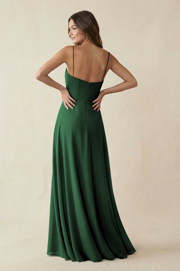 Spaghetti Strap A - Line Chiffon Maxi Bridesmaid Dress in Dark Green - KissProm Bridesmaid Dresses
