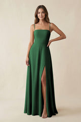 Spaghetti Strap A - Line Chiffon Maxi Bridesmaid Dress in Dark Green - KissProm Bridesmaid Dresses