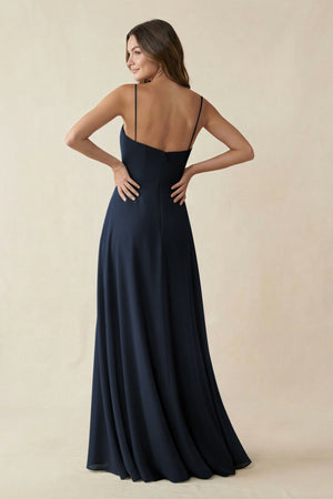 Spaghetti Strap A - Line Chiffon Maxi Bridesmaid Dress in Dark Navy - KissProm Bridesmaid Dresses