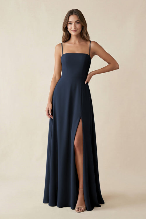 Spaghetti Strap A - Line Chiffon Maxi Bridesmaid Dress in Dark Navy - KissProm Bridesmaid Dresses