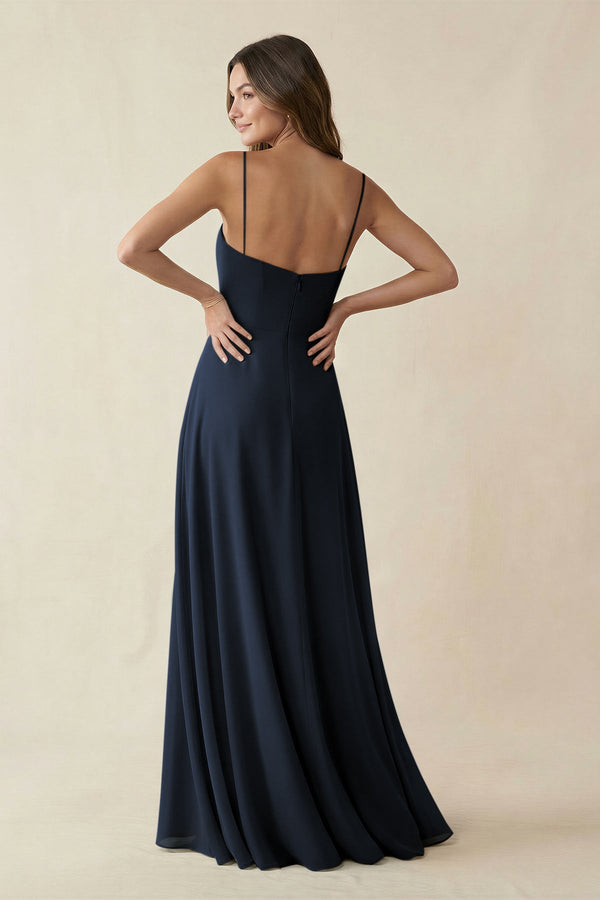 Spaghetti Strap A - Line Chiffon Maxi Bridesmaid Dress in Dark Navy - KissProm Bridesmaid Dresses