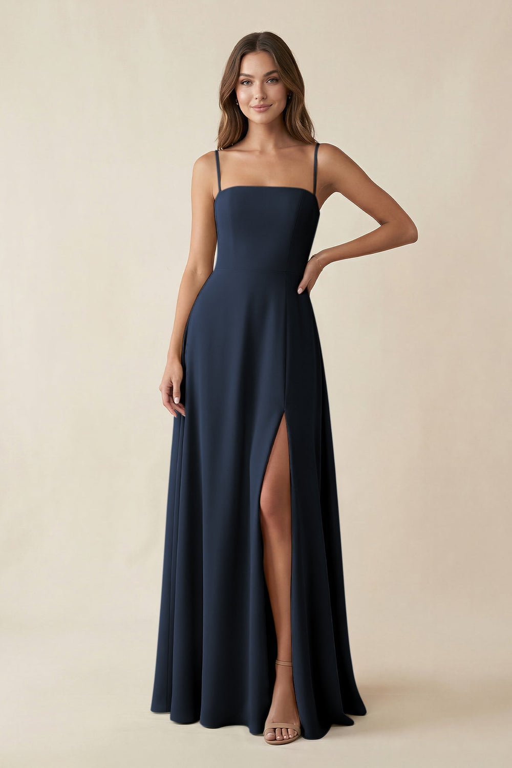 Spaghetti Strap A - Line Chiffon Maxi Bridesmaid Dress in Dark Navy - KissProm Bridesmaid Dresses