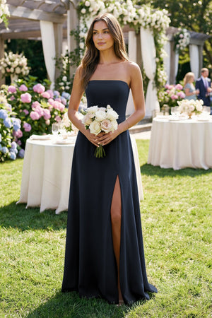 Spaghetti Strap A - Line Chiffon Maxi Bridesmaid Dress in Dark Navy - KissProm Bridesmaid Dresses