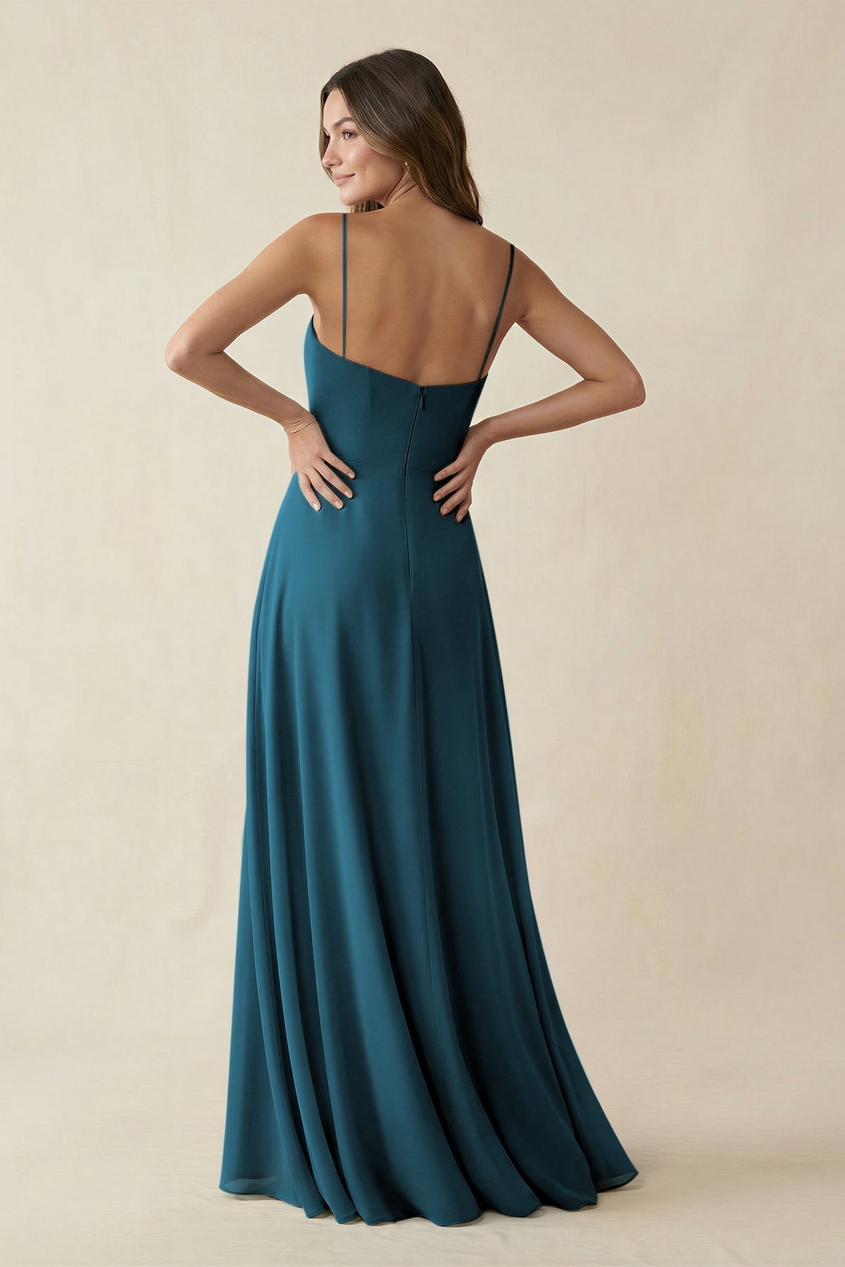 KissProm Spaghetti Strap A-Line Chiffon Maxi Bridesmaid Dress in Dark Teal, Dark Teal / 24