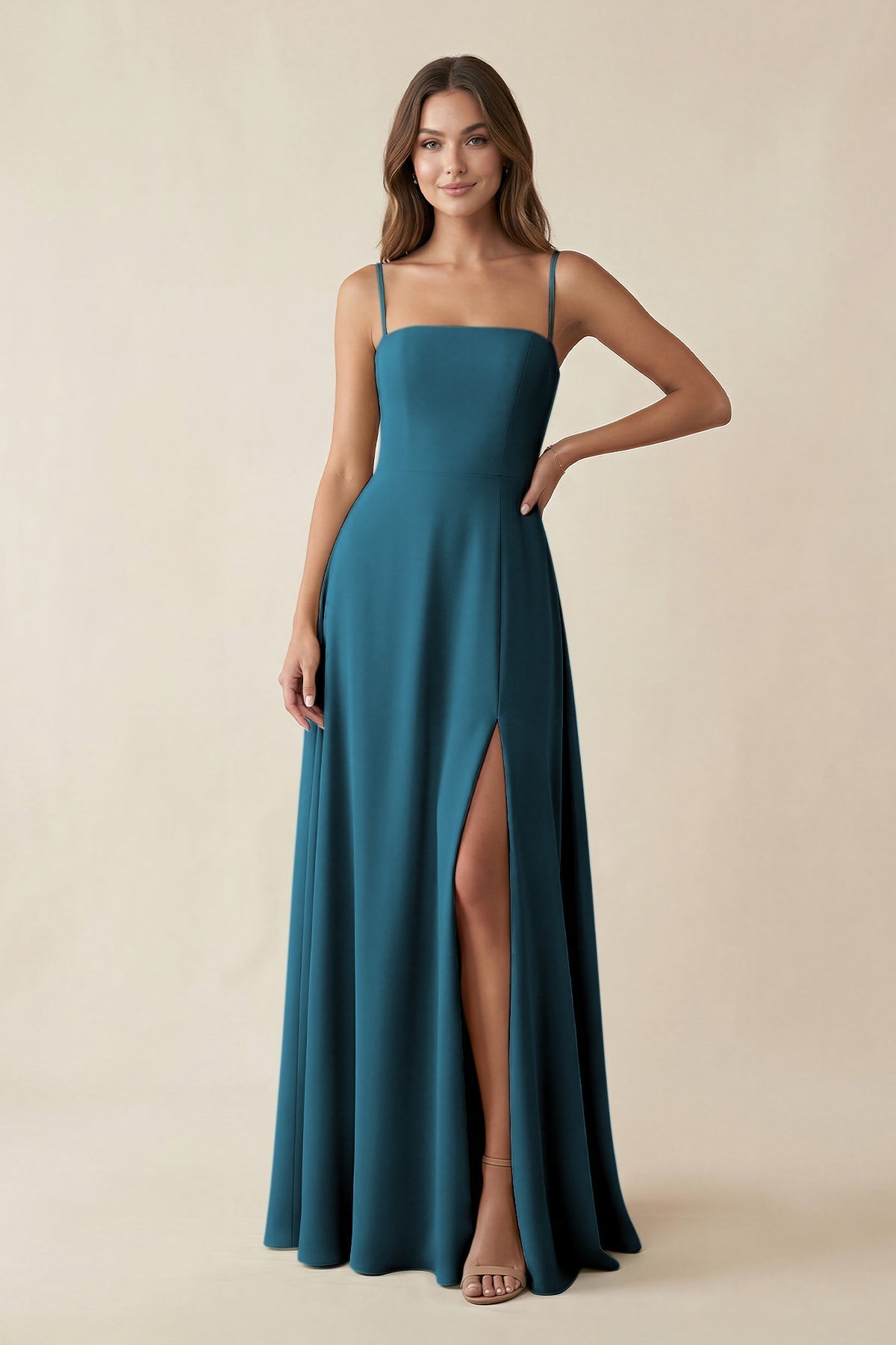 KissProm Spaghetti Strap A-Line Chiffon Maxi Bridesmaid Dress in Dark Teal, Dark Teal / 24