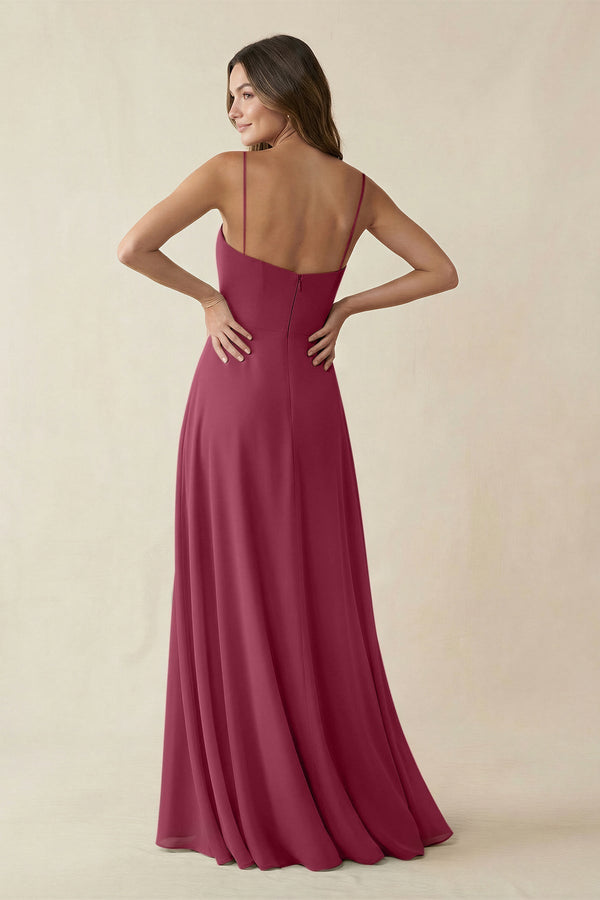 Spaghetti Strap A - Line Chiffon Maxi Bridesmaid Dress in Desert Rose - KissProm Bridesmaid Dresses