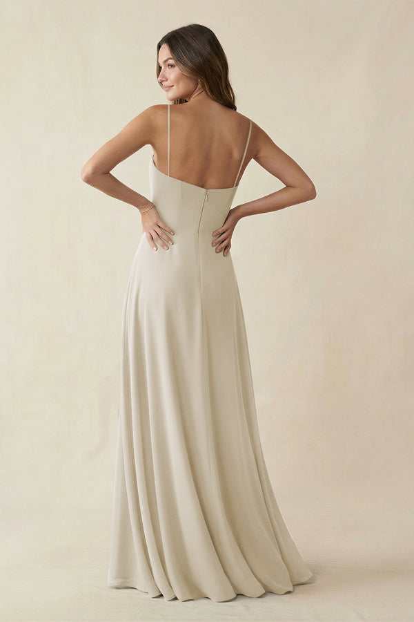 Spaghetti Strap A - Line Chiffon Maxi Bridesmaid Dress in Dove Gray - KissProm Bridesmaid Dresses