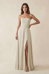 Spaghetti Strap A - Line Chiffon Maxi Bridesmaid Dress in Dove Gray - KissProm Bridesmaid Dresses