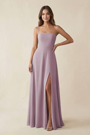 Spaghetti Strap A - Line Chiffon Maxi Bridesmaid Dress in Dusk - KissProm Bridesmaid Dresses