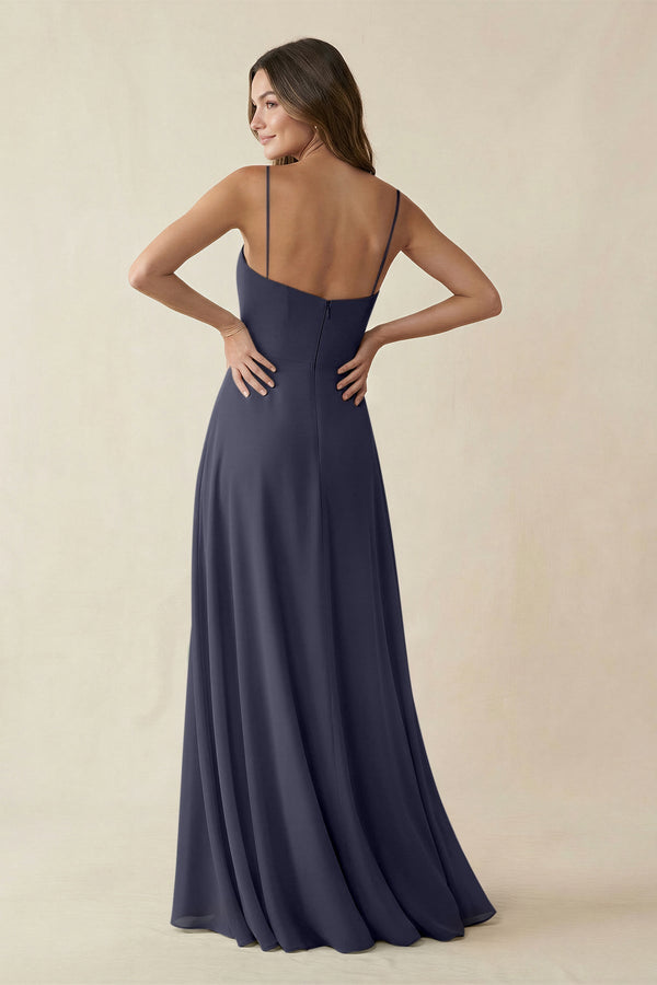 Spaghetti Strap A - Line Chiffon Maxi Bridesmaid Dress in Dusk Blue - KissProm Bridesmaid Dresses