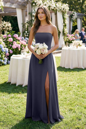 KissProm | Ruched Chiffon A-Line Bridesmaid Dress with Slit in Dusk Blue KissProm | Ruched Chiffon A-Line Bridesmaid Dress with Slit in Dusk Blue