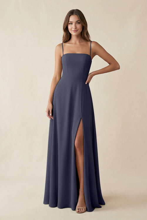 Spaghetti Strap A - Line Chiffon Maxi Bridesmaid Dress in Dusk Blue - KissProm Bridesmaid Dresses