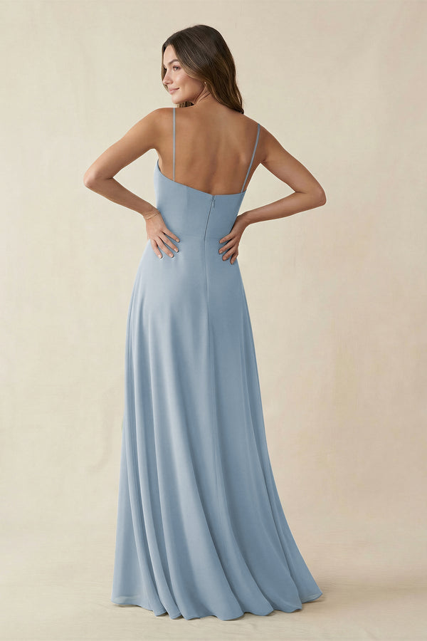 Spaghetti Strap A - Line Chiffon Maxi Bridesmaid Dress in Dusty Blue - KissProm Bridesmaid Dresses