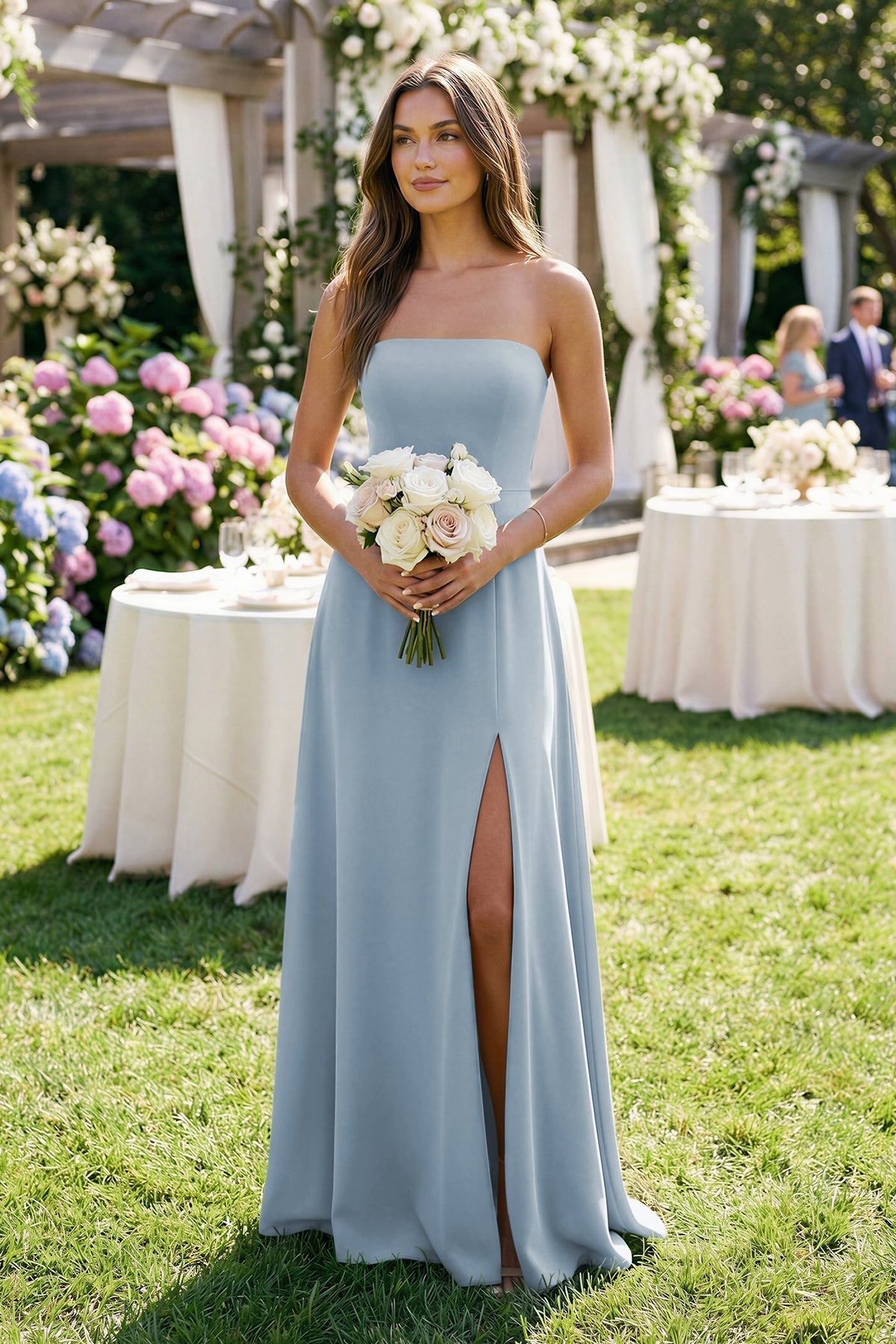 KissProm Spaghetti Strap A-Line Chiffon Maxi Bridesmaid Dress in Dusty Blue, Dusty Blue / 8