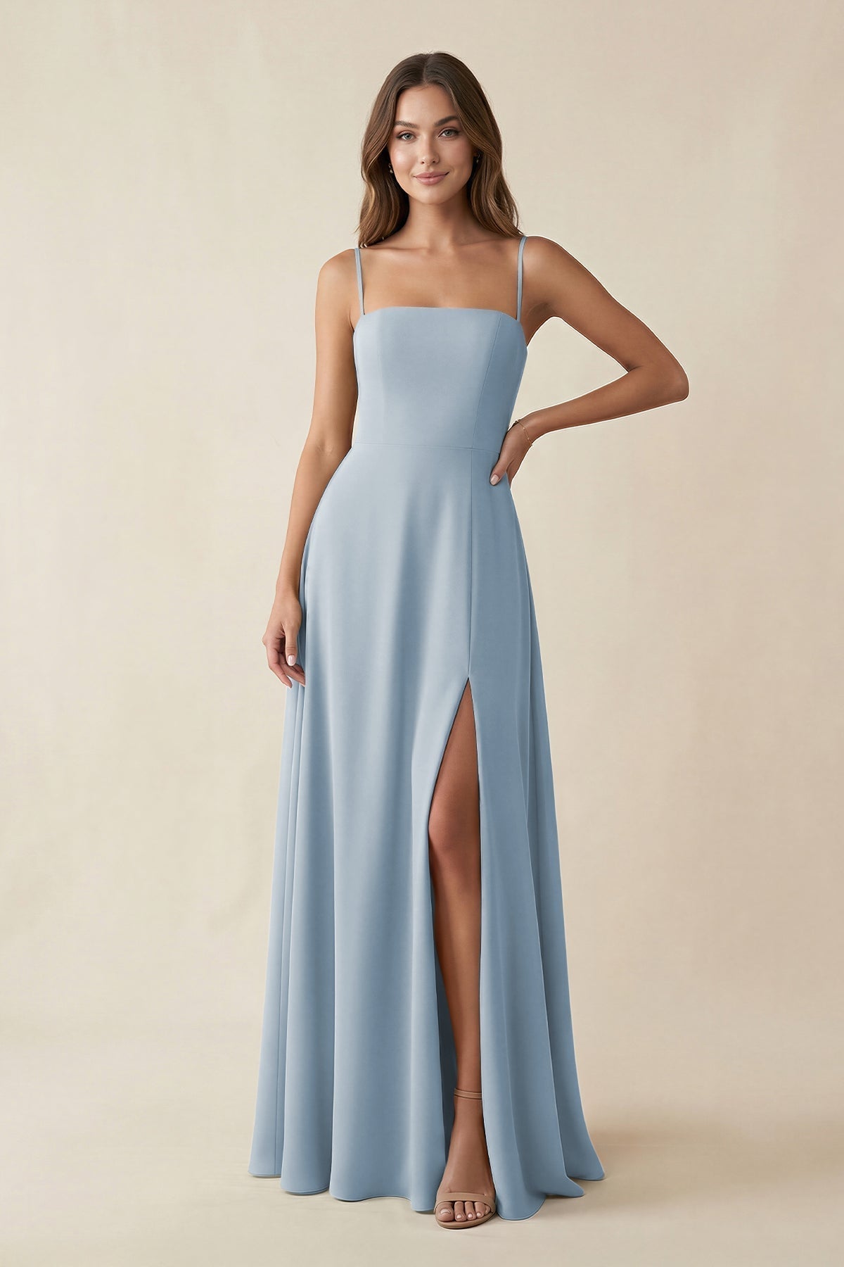 KissProm Spaghetti Strap A-Line Chiffon Maxi Bridesmaid Dress in Dusty Blue, Dusty Blue / 8