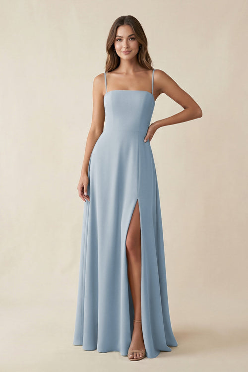 Spaghetti Strap A - Line Chiffon Maxi Bridesmaid Dress in Dusty Blue - KissProm Bridesmaid Dresses