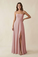 Spaghetti Strap A - Line Chiffon Maxi Bridesmaid Dress in Dusty Rose - KissProm Bridesmaid Dresses