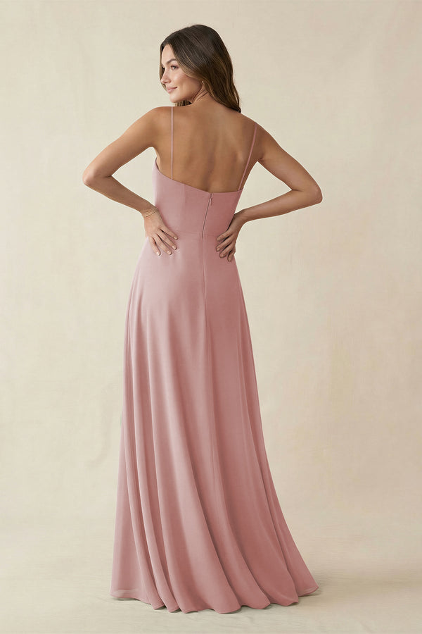 Spaghetti Strap A - Line Chiffon Maxi Bridesmaid Dress in Dusty Rose - KissProm Bridesmaid Dresses